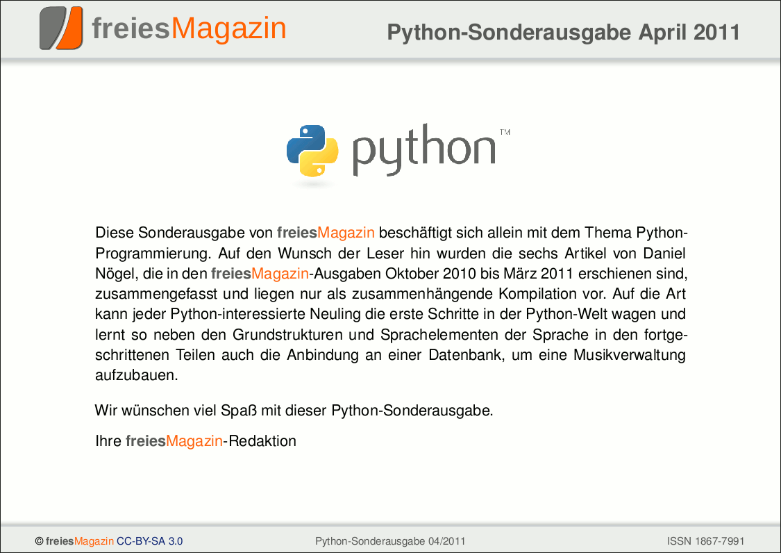 freiesMagazin Python-Sonderausgabe 04/2011 Titelseite